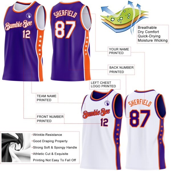 Custom Reversible Purple White-Orange Double Side Star Sublimation Basketball Suit Jersey
