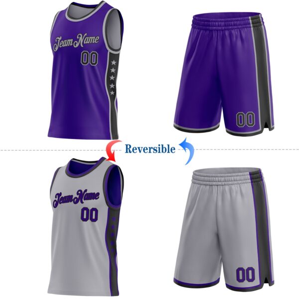 Custom Reversible Purple Black-Gray Double Side Star Sublimation Basketball Suit Jersey