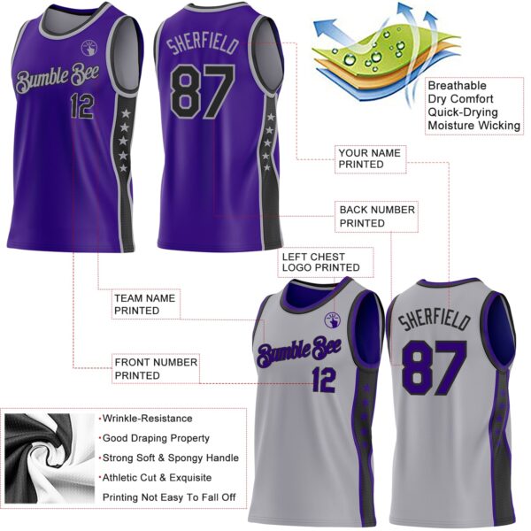 Custom Reversible Purple Black-Gray Double Side Star Sublimation Basketball Suit Jersey