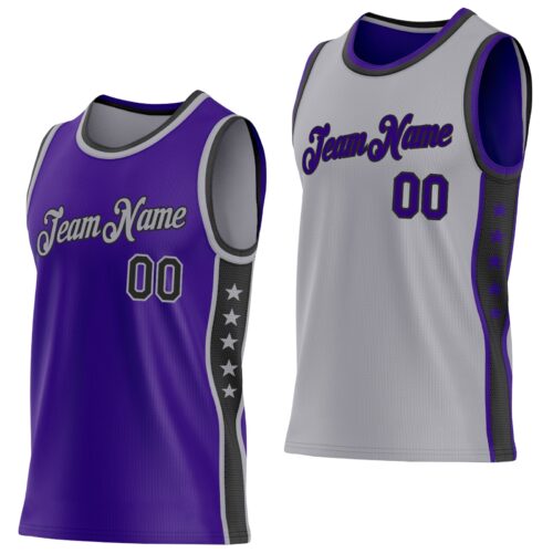 ReversibleD0408 Custom Reversible Purple Black-Gray Double Side Star Sublimation Basketball Suit Jersey
