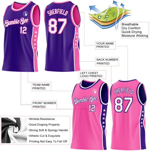 Custom Reversible Purple White-Pink Double Side Star Sublimation Basketball Suit Jersey