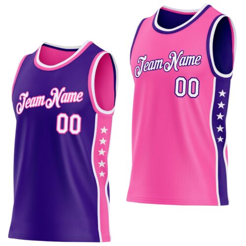 ReversibleD0409 Custom Reversible Purple White-Pink Double Side Star Sublimation Basketball Suit Jersey