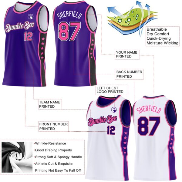 Custom Reversible Purple Pink White-Black Double Side Star Sublimation Basketball Suit Jersey
