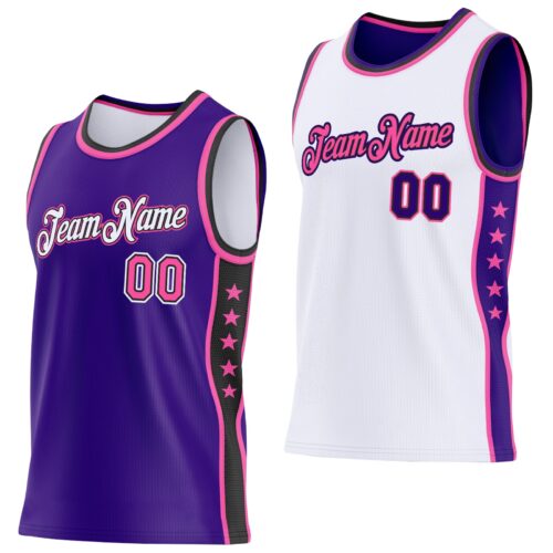 ReversibleD0410 Custom Reversible Purple Pink White-Black Double Side Star Sublimation Basketball Suit Jersey