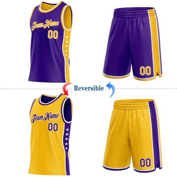 Custom Reversible Purple Gold-White Double Side Star Sublimation Basketball Suit Jersey