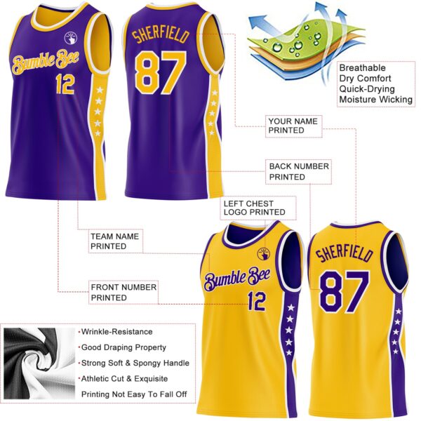 Custom Reversible Purple Gold-White Double Side Star Sublimation Basketball Suit Jersey