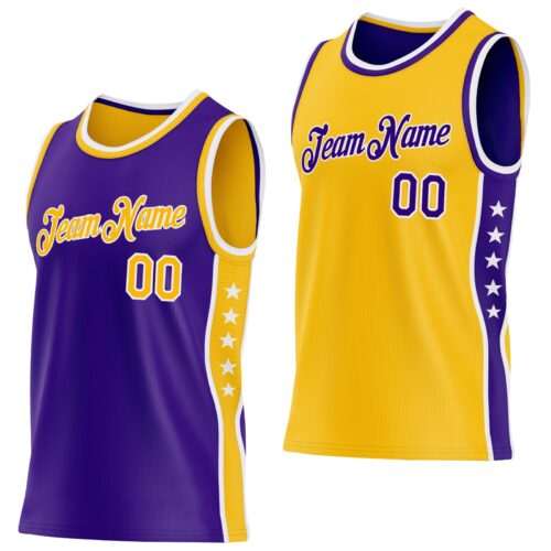 ReversibleD0411 Custom Reversible Purple Gold-White Double Side Star Sublimation Basketball Suit Jersey