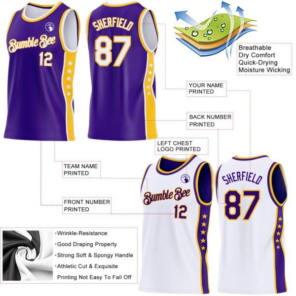 Custom Reversible Purple White-Gold Double Side Star Sublimation Basketball Suit Jersey