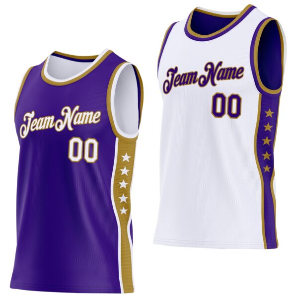 Custom Reversible Purple White-Old Gold Double Side Star Sublimation Basketball Suit Jersey