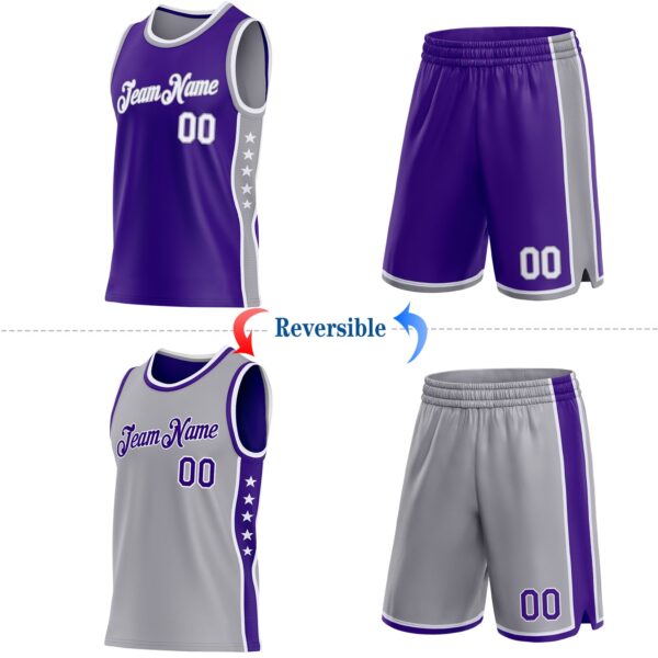 Custom Reversible Purple White-Gray Double Side Star Sublimation Basketball Suit Jersey