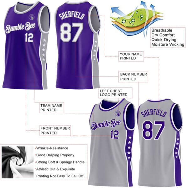 Custom Reversible Purple White-Gray Double Side Star Sublimation Basketball Suit Jersey