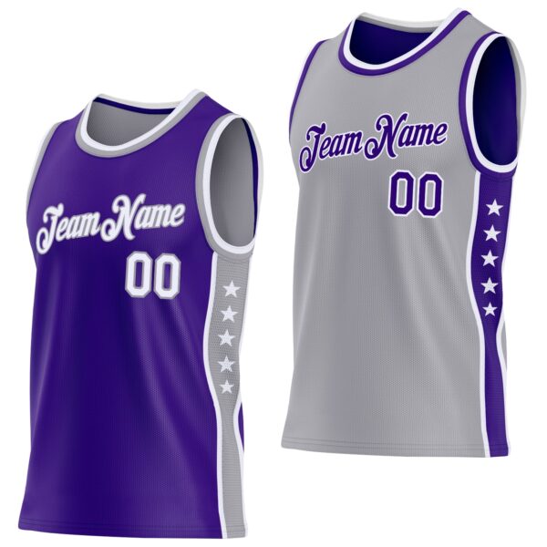 Custom Reversible Purple White-Gray Double Side Star Sublimation Basketball Suit Jersey