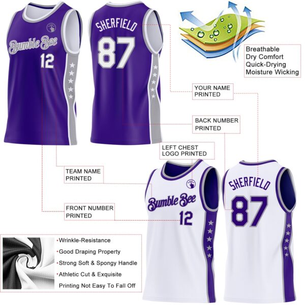 Custom Reversible Purple White-Gray Double Side Star Sublimation Basketball Suit Jersey