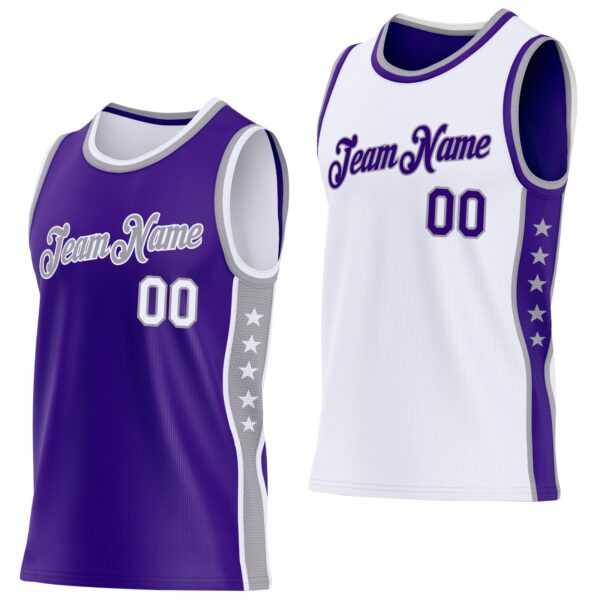 Custom Reversible Purple White-Gray Double Side Star Sublimation Basketball Suit Jersey