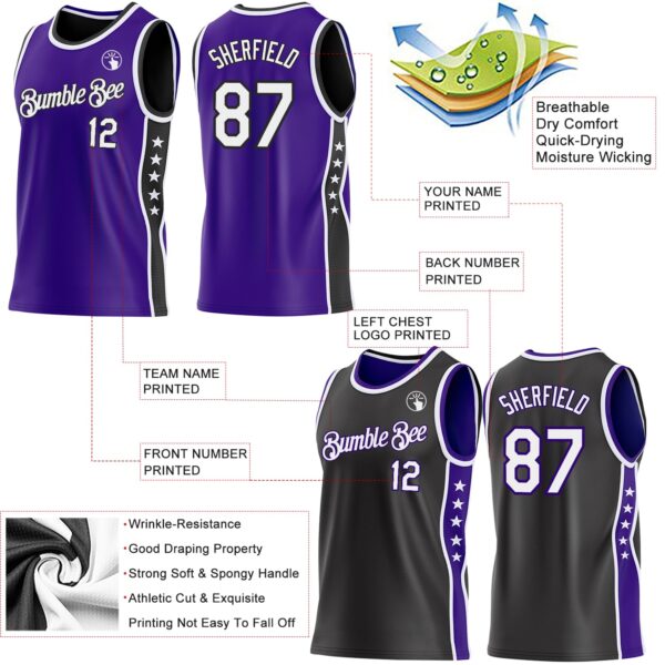 Custom Reversible Purple White-Black Double Side Star Sublimation Basketball Suit Jersey