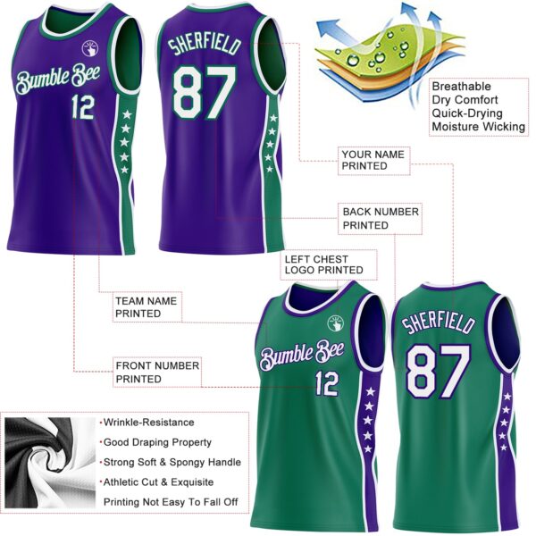 Custom Reversible Purple White-Kelly Green Double Side Star Sublimation Basketball Suit Jersey