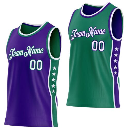 ReversibleD0418 Custom Reversible Purple White-Kelly Green Double Side Star Sublimation Basketball Suit Jersey
