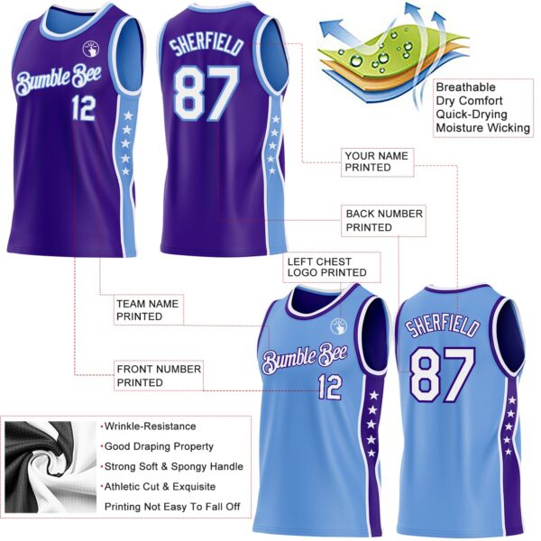 Custom Reversible Purple White-Lakes Blue Double Side Star Sublimation Basketball Suit Jersey