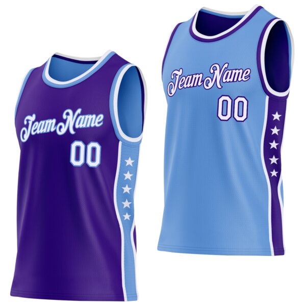 Custom Reversible Purple White-Lakes Blue Double Side Star Sublimation Basketball Suit Jersey