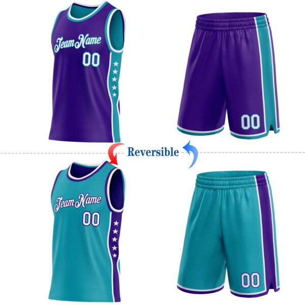 Custom Reversible Purple White-Teal Double Side Star Sublimation Basketball Suit Jersey