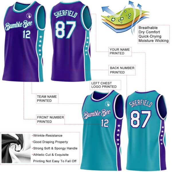 Custom Reversible Purple White-Teal Double Side Star Sublimation Basketball Suit Jersey
