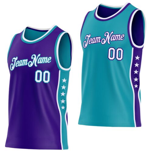 ReversibleD0420 Custom Reversible Purple White-Teal Double Side Star Sublimation Basketball Suit Jersey