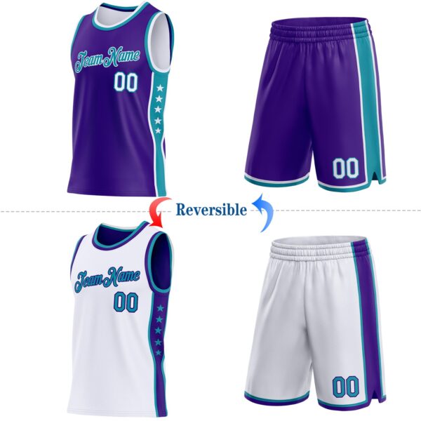 Custom Reversible Purple White-Teal Double Side Star Sublimation Basketball Suit Jersey