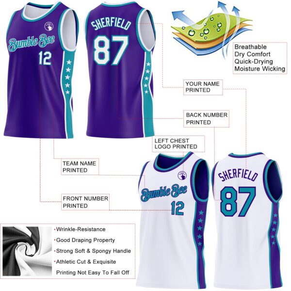 Custom Reversible Purple White-Teal Double Side Star Sublimation Basketball Suit Jersey