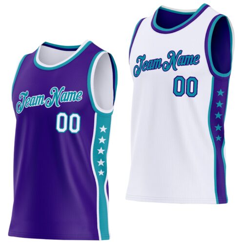 ReversibleD0421 Custom Reversible Purple White-Teal Double Side Star Sublimation Basketball Suit Jersey
