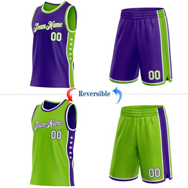 Custom Reversible Purple White-Neon Green Double Side Star Sublimation Basketball Suit Jersey