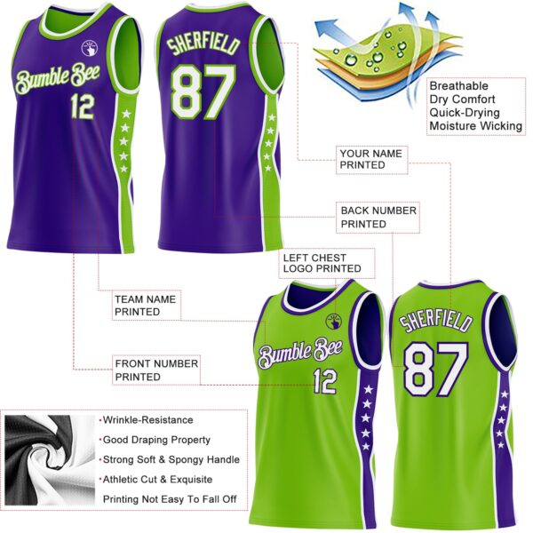 Custom Reversible Purple White-Neon Green Double Side Star Sublimation Basketball Suit Jersey
