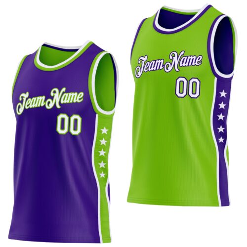 ReversibleD0422 Custom Reversible Purple White-Neon Green Double Side Star Sublimation Basketball Suit Jersey