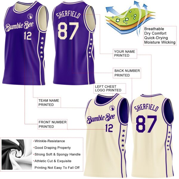 Custom Reversible Purple Cream Double Side Star Sublimation Basketball Suit Jersey