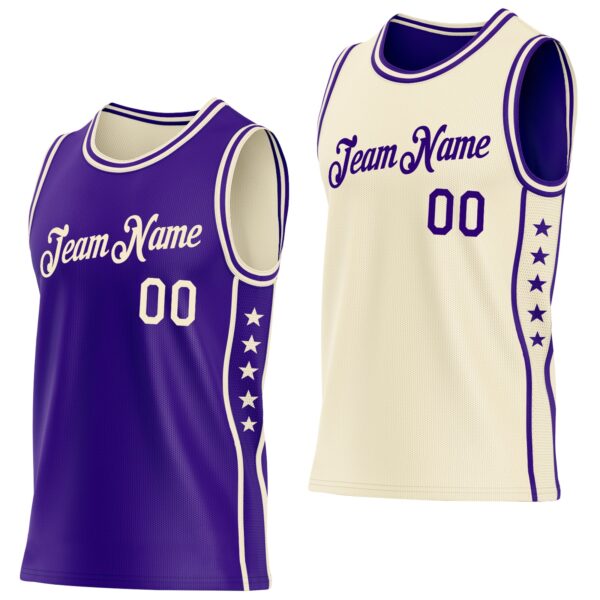 Custom Reversible Purple Cream Double Side Star Sublimation Basketball Suit Jersey
