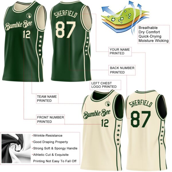 Custom Reversible Green Cream Double Side Star Sublimation Basketball Suit Jersey