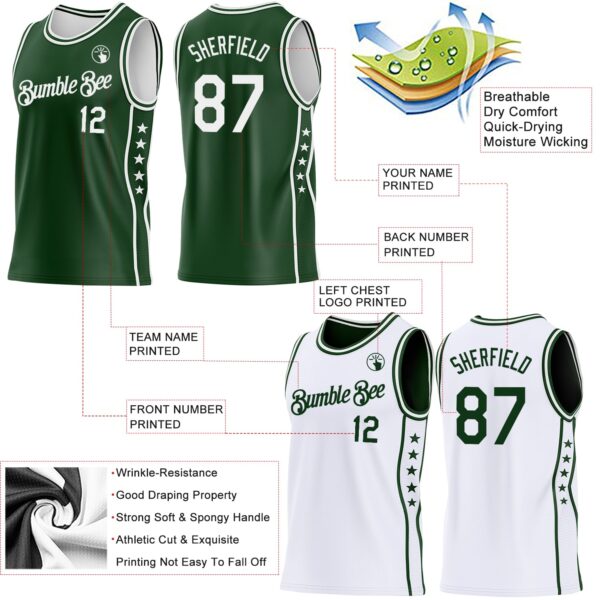 Custom Reversible Green White Double Side Star Sublimation Basketball Suit Jersey