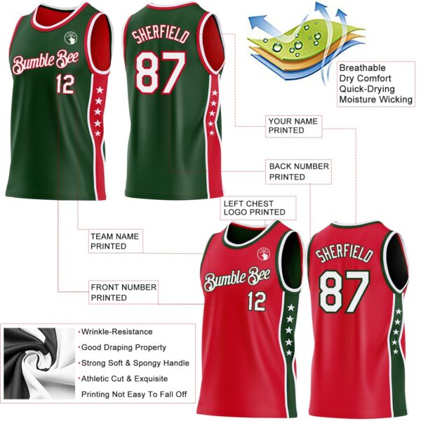 Custom Reversible Green White-Red Double Side Star Sublimation Basketball Suit Jersey