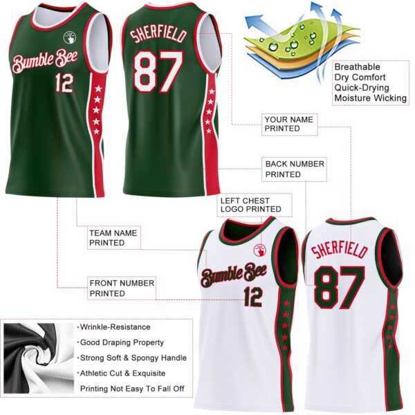Custom Reversible Green White-Red Double Side Star Sublimation Basketball Suit Jersey