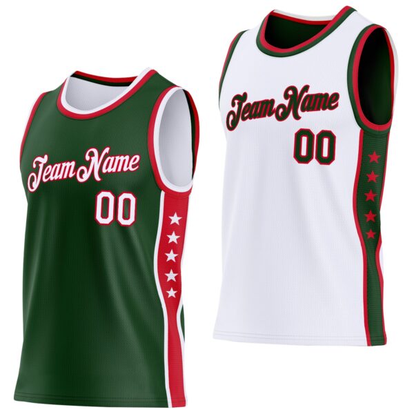 Custom Reversible Green White-Red Double Side Star Sublimation Basketball Suit Jersey