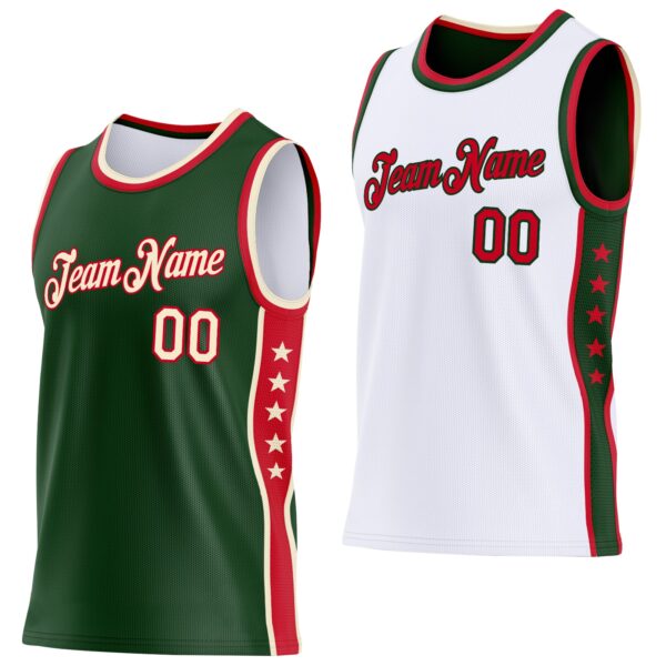 Custom Reversible Green Cream-Red Double Side Star Sublimation Basketball Suit Jersey