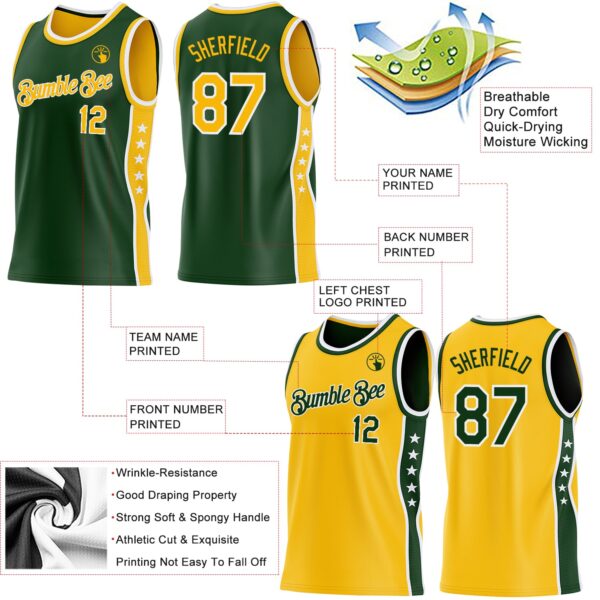 Custom Reversible Green Gold-White Double Side Star Sublimation Basketball Suit Jersey