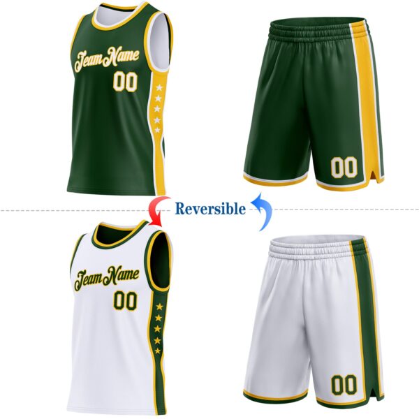 Custom Reversible Green White-Gold Double Side Star Sublimation Basketball Suit Jersey