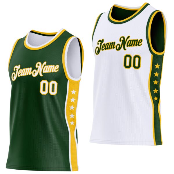 Custom Reversible Green White-Gold Double Side Star Sublimation Basketball Suit Jersey
