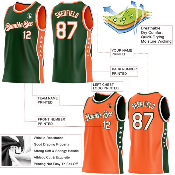 Custom Reversible Green White-Orange Double Side Star Sublimation Basketball Suit Jersey