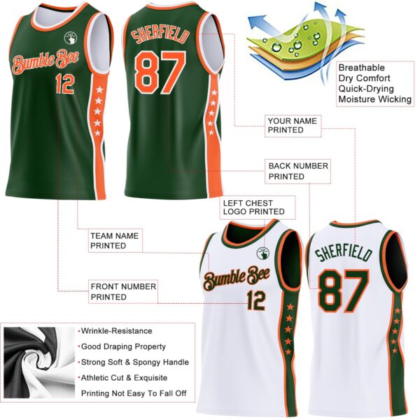 Custom Reversible Green Orange-White Double Side Star Sublimation Basketball Suit Jersey