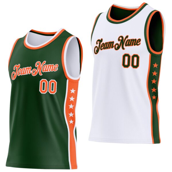 Custom Reversible Green Orange-White Double Side Star Sublimation Basketball Suit Jersey