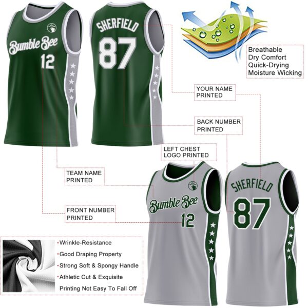 Custom Reversible Green White-Gray Double Side Star Sublimation Basketball Suit Jersey