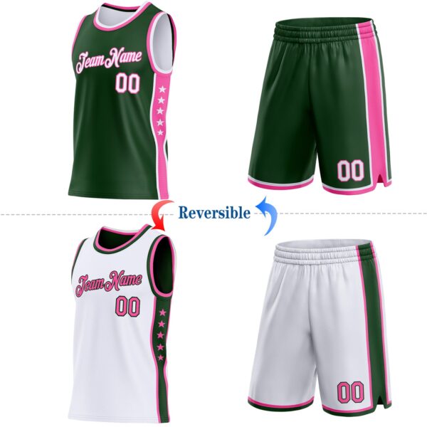 Custom Reversible Green White-Pink Double Side Star Sublimation Basketball Suit Jersey