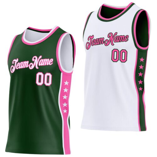 Custom Reversible Green White-Pink Double Side Star Sublimation Basketball Suit Jersey