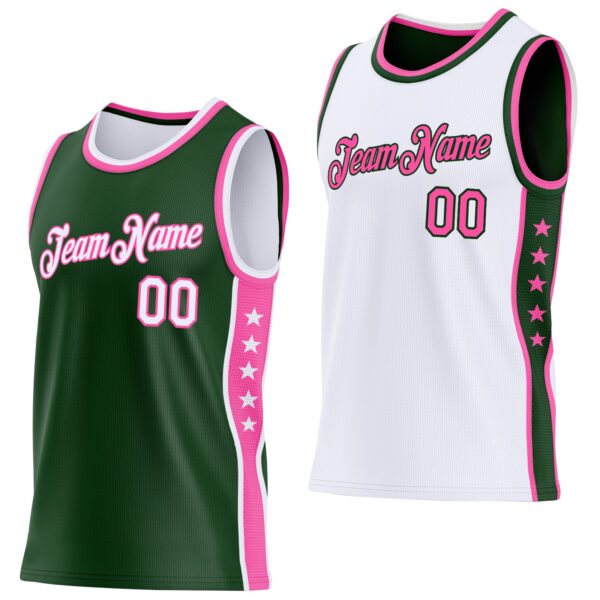 Custom Reversible Green White-Pink Double Side Star Sublimation Basketball Suit Jersey